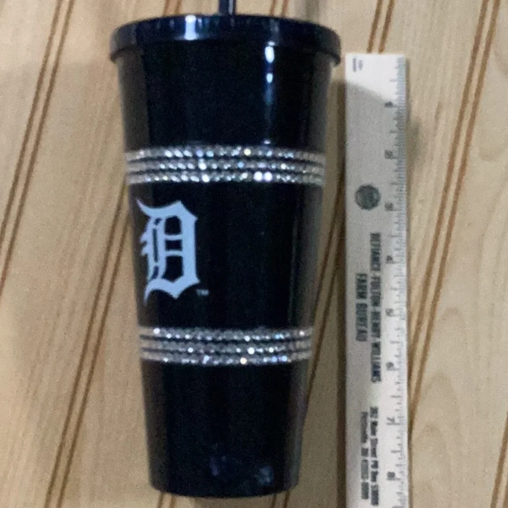 MLB Detroit Tigers Logo Navy Black Rhinestone Bling Drink Tumbler With Straw NWT